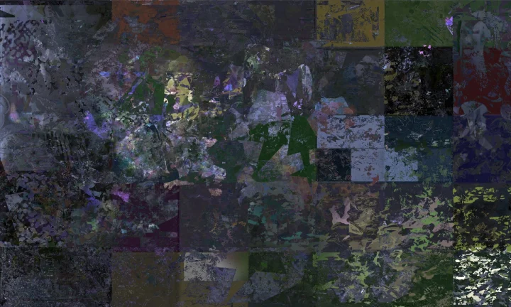 Dark blue-grey collage of overlapping rectangular textures.
