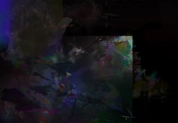Dark collage with faint blue and green rectangular fragments.