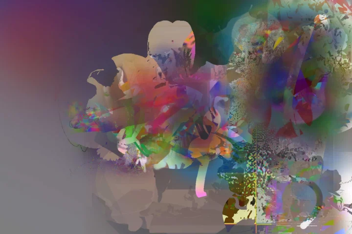Fragmented coloured forms gathered across a grey gradient.