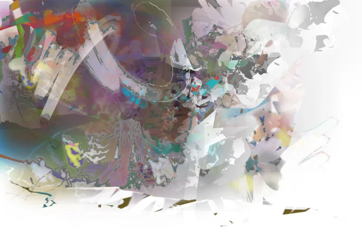 Pale fragmented forms with violet and green accents.