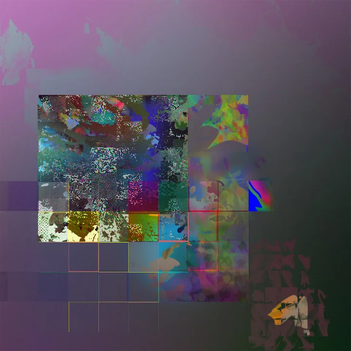 Stacked blocks of visual noise against a grey-pink gradient.