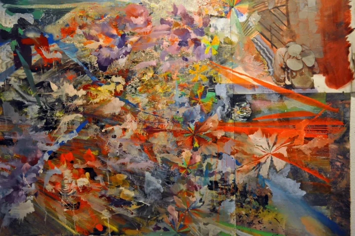 Multicoloured fragmented painting crossed by orange diagonal lines.