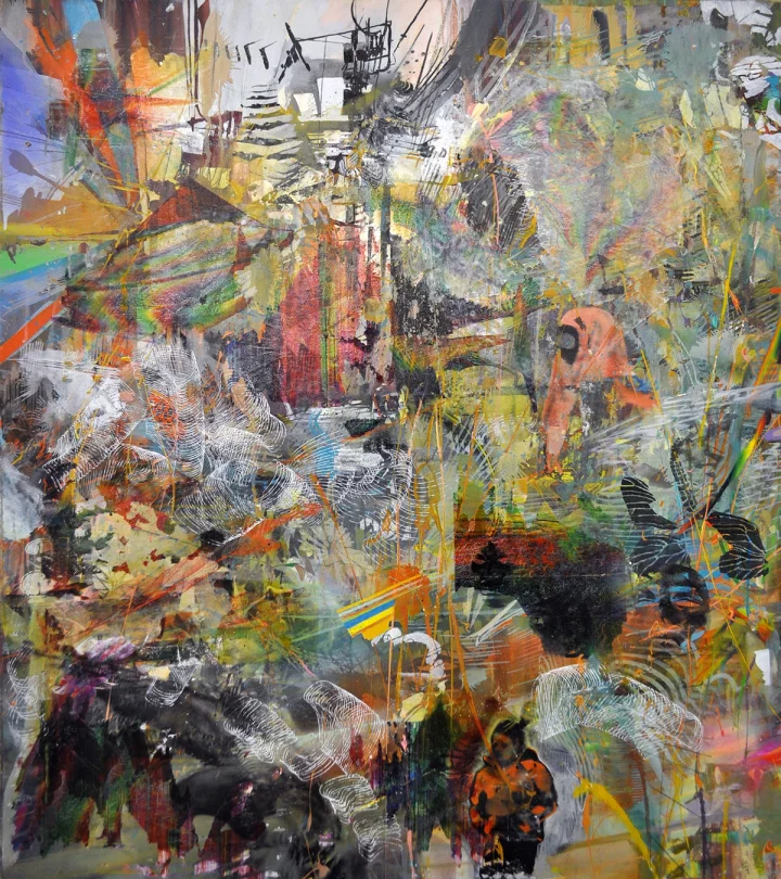 Vertical abstract painting of tangled grey, yellow and pink marks.