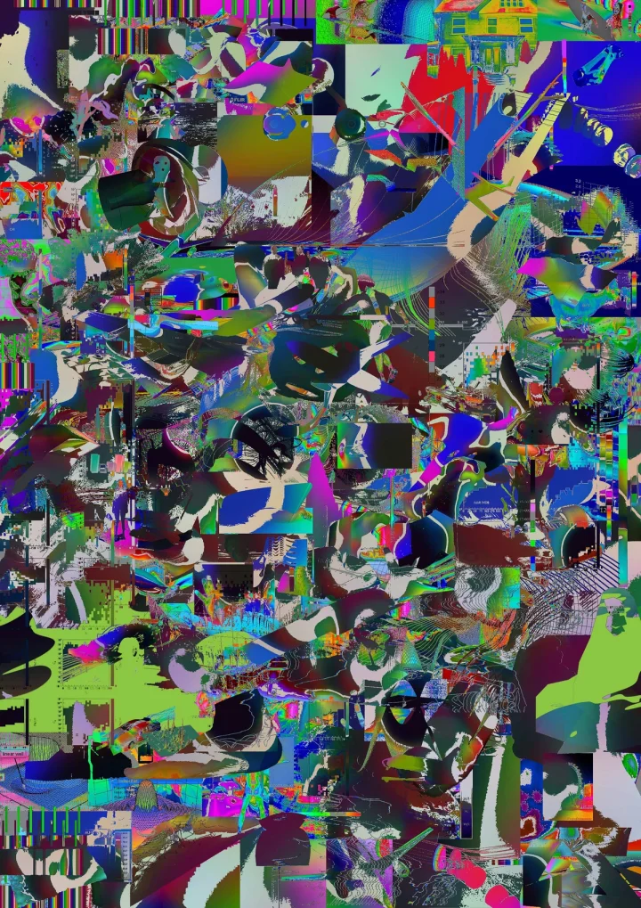 Dense, vertically arranged blue, green and purple collage.