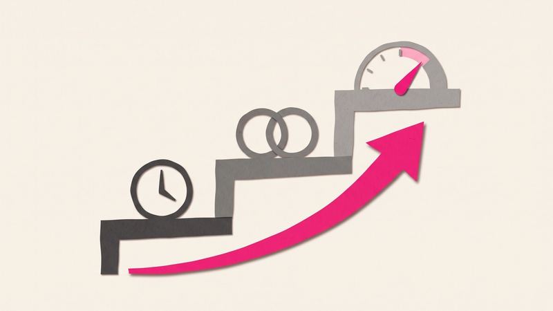 Three paper steps rising left to right, holding a clock, linked rings and a gauge, with a pink arrow curving upward beside them