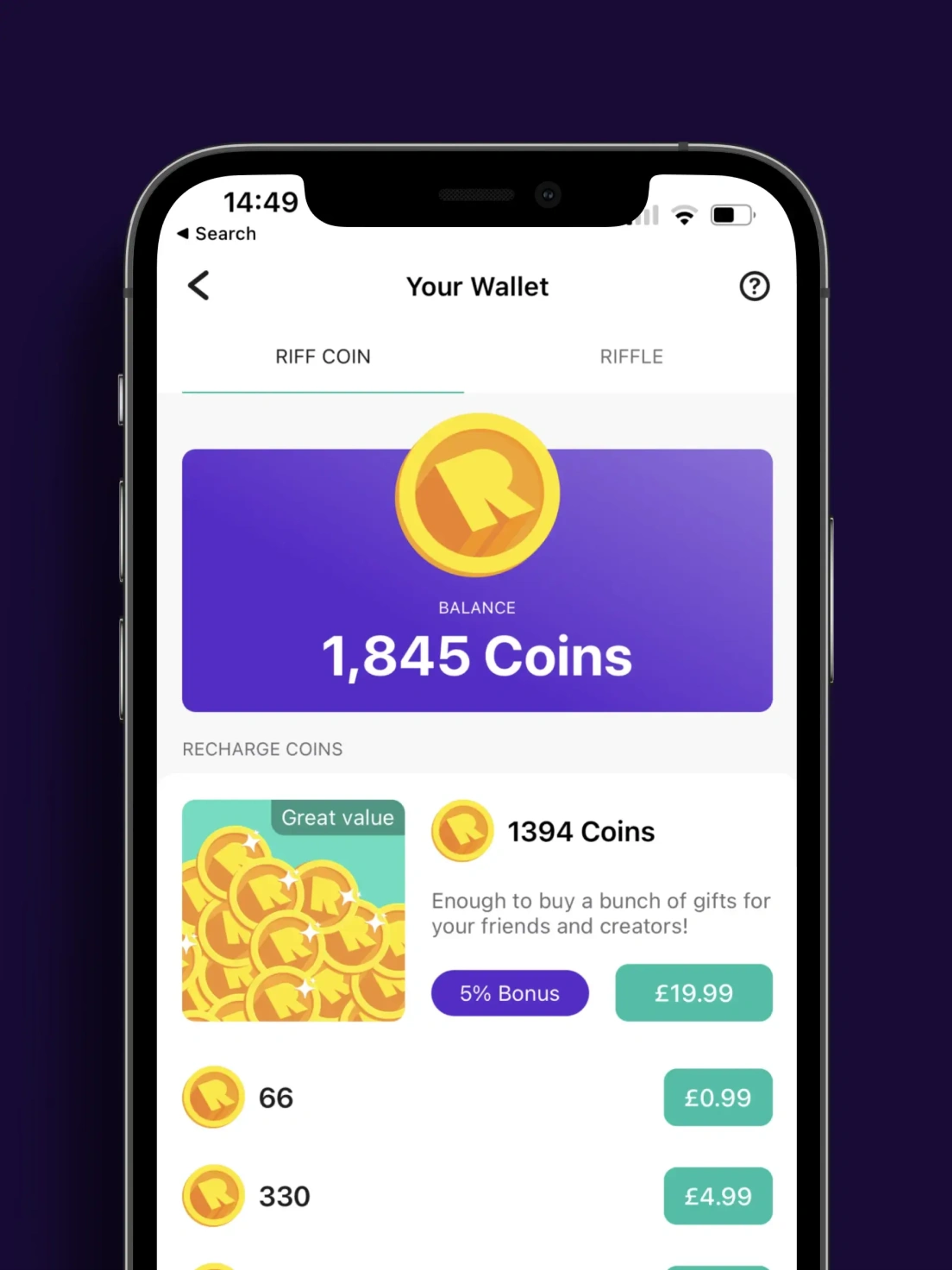 Riff currency and wallet UI and UX mobile app design 