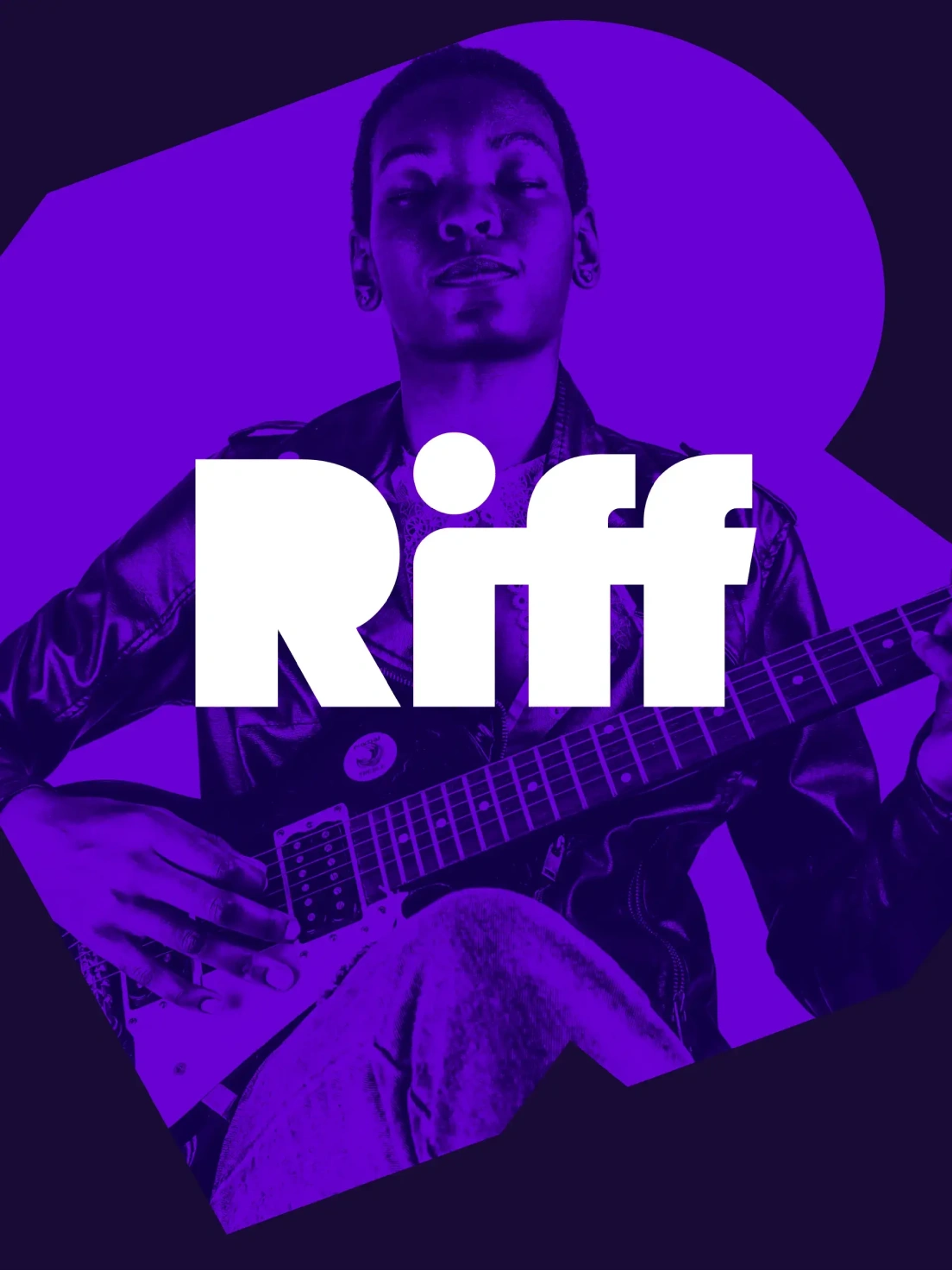 Riff logo symbol containing photography of a woman playing the guitar