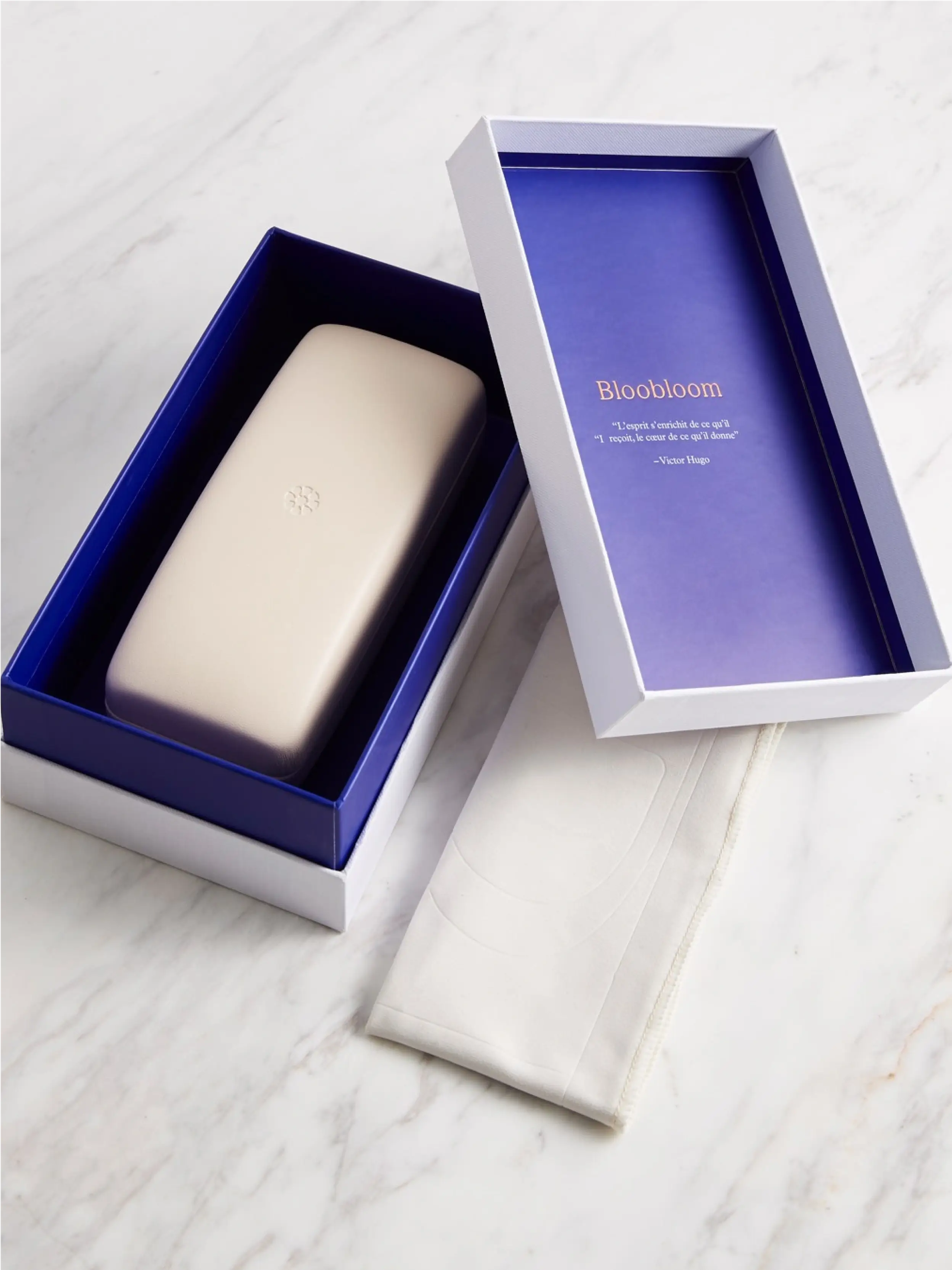 Bloobloom glasses packaging blue and white by Bodkin Studio