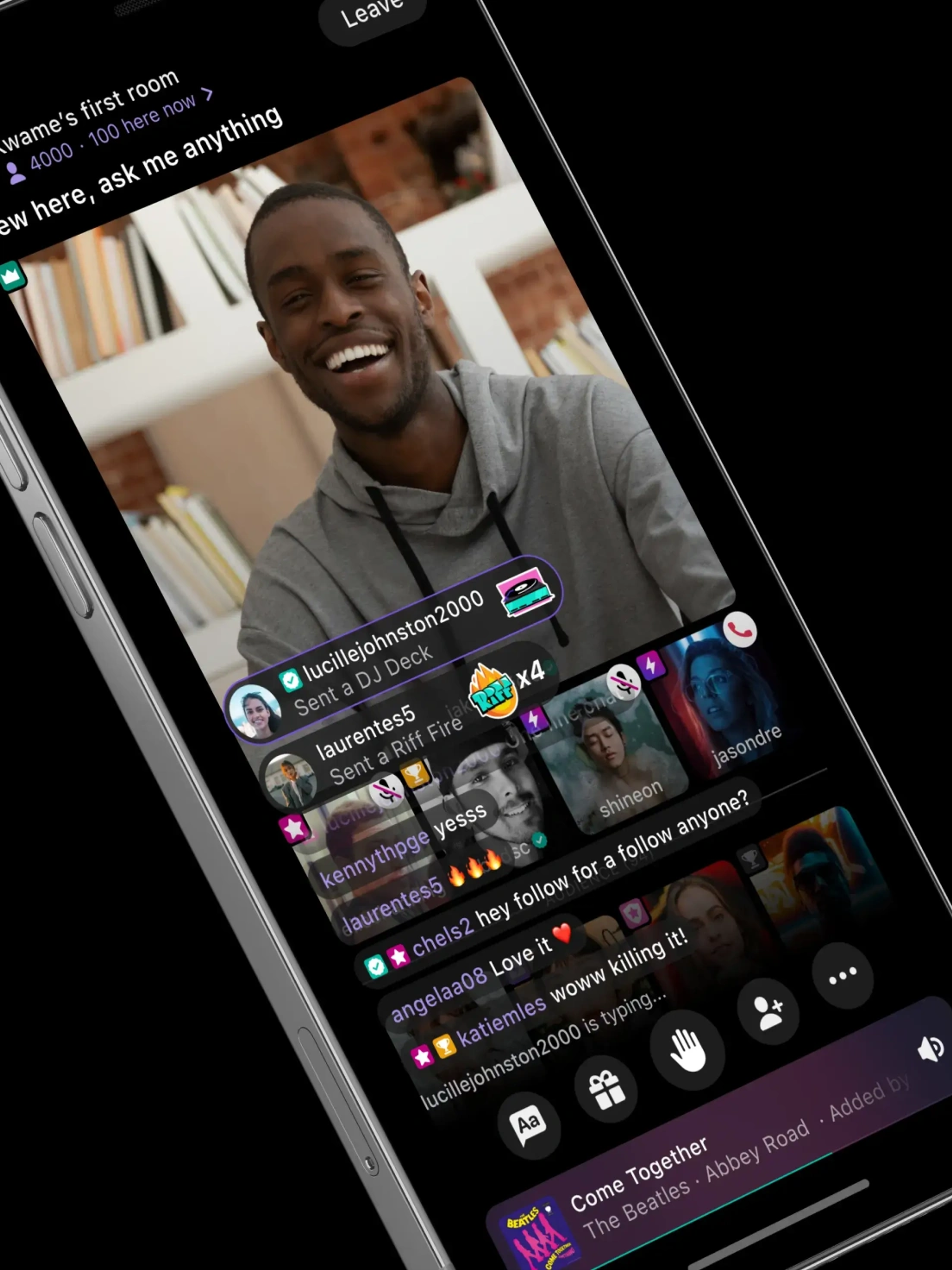 Riff Room video call dark mode UI and UX mobile app design 