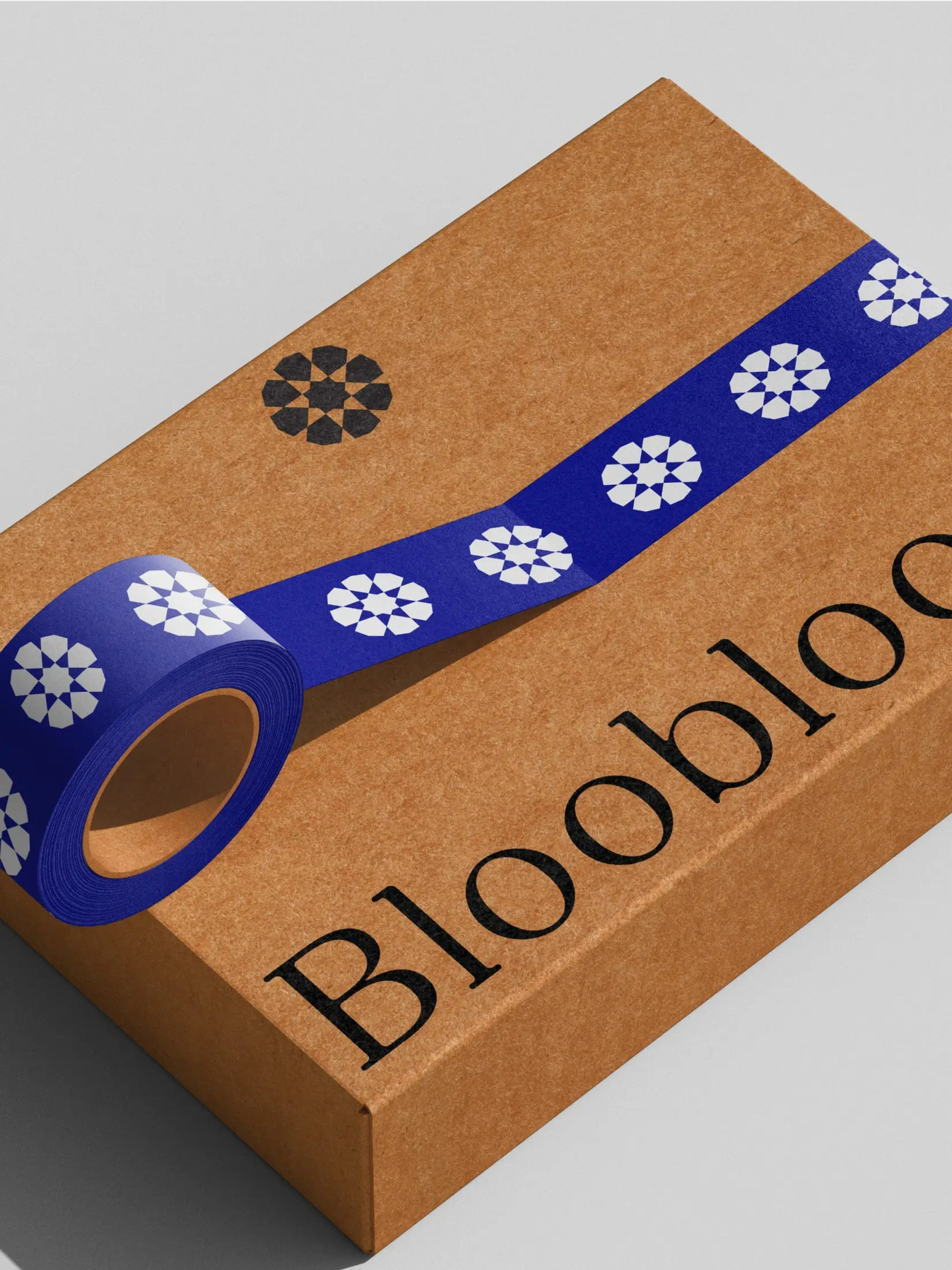 Bloobloom cardboard box packaging and tape by Bodkin Studio