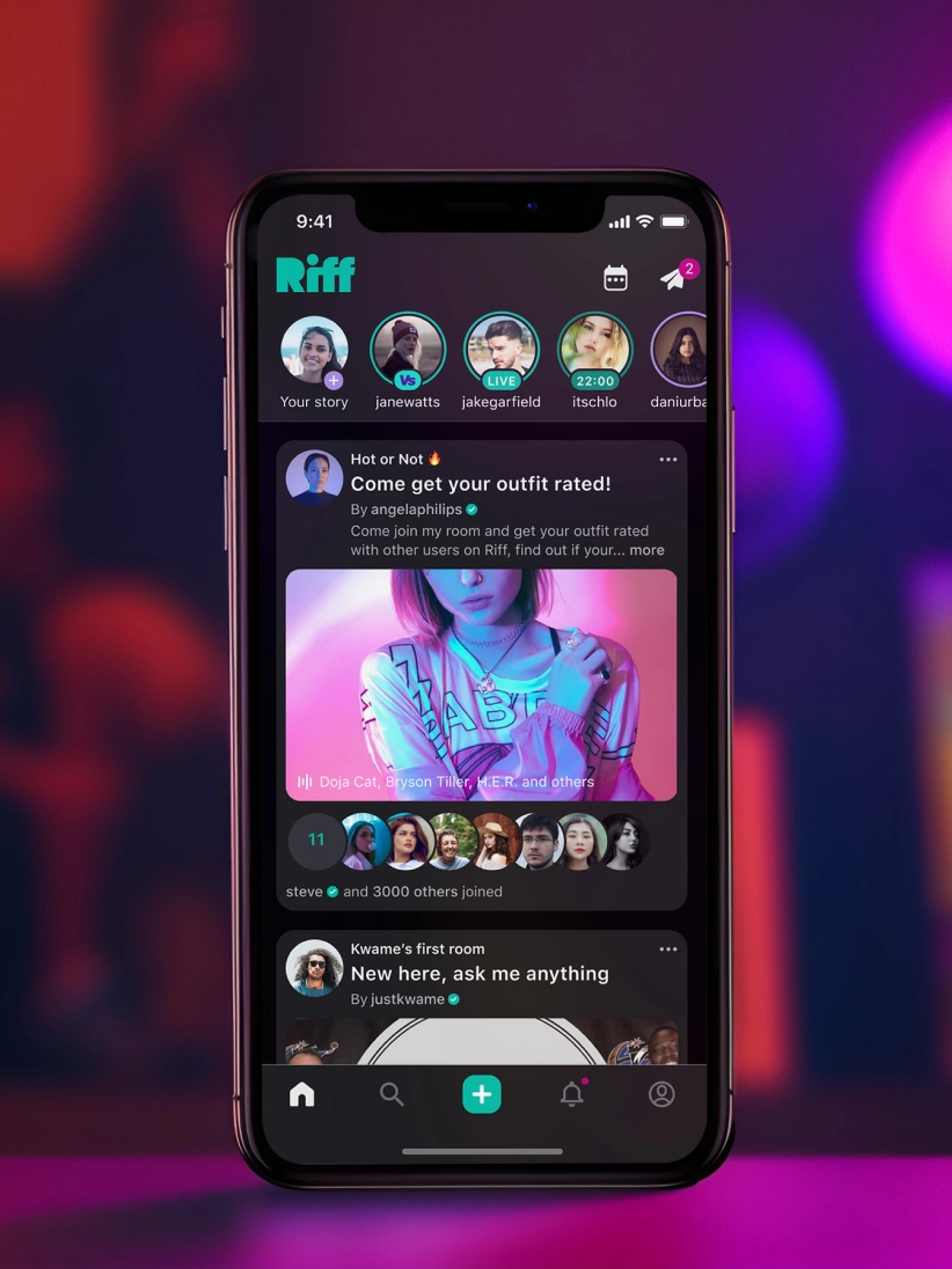 Riff UI and UX mobile app design of the home feed