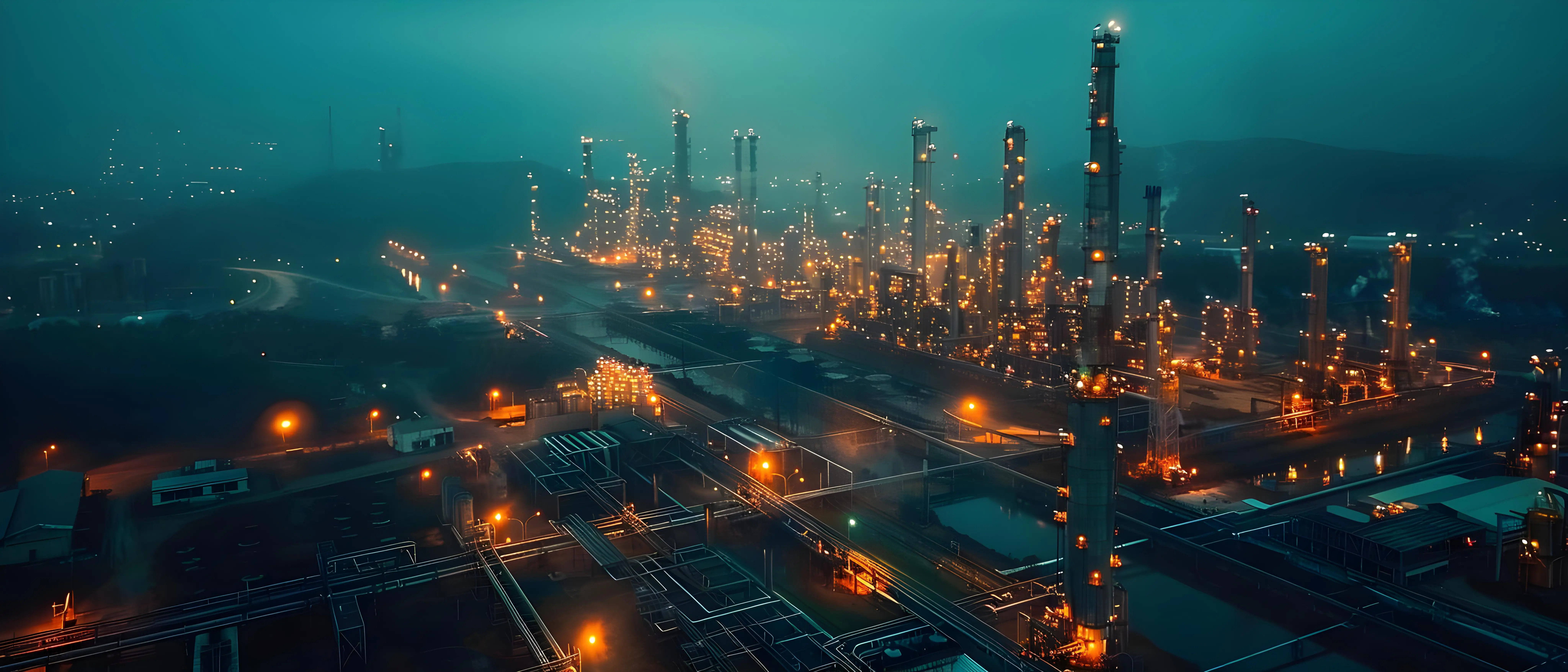 Modern petrochemical refinery with cracking towers, pipelines, and distillation columns at golden hour