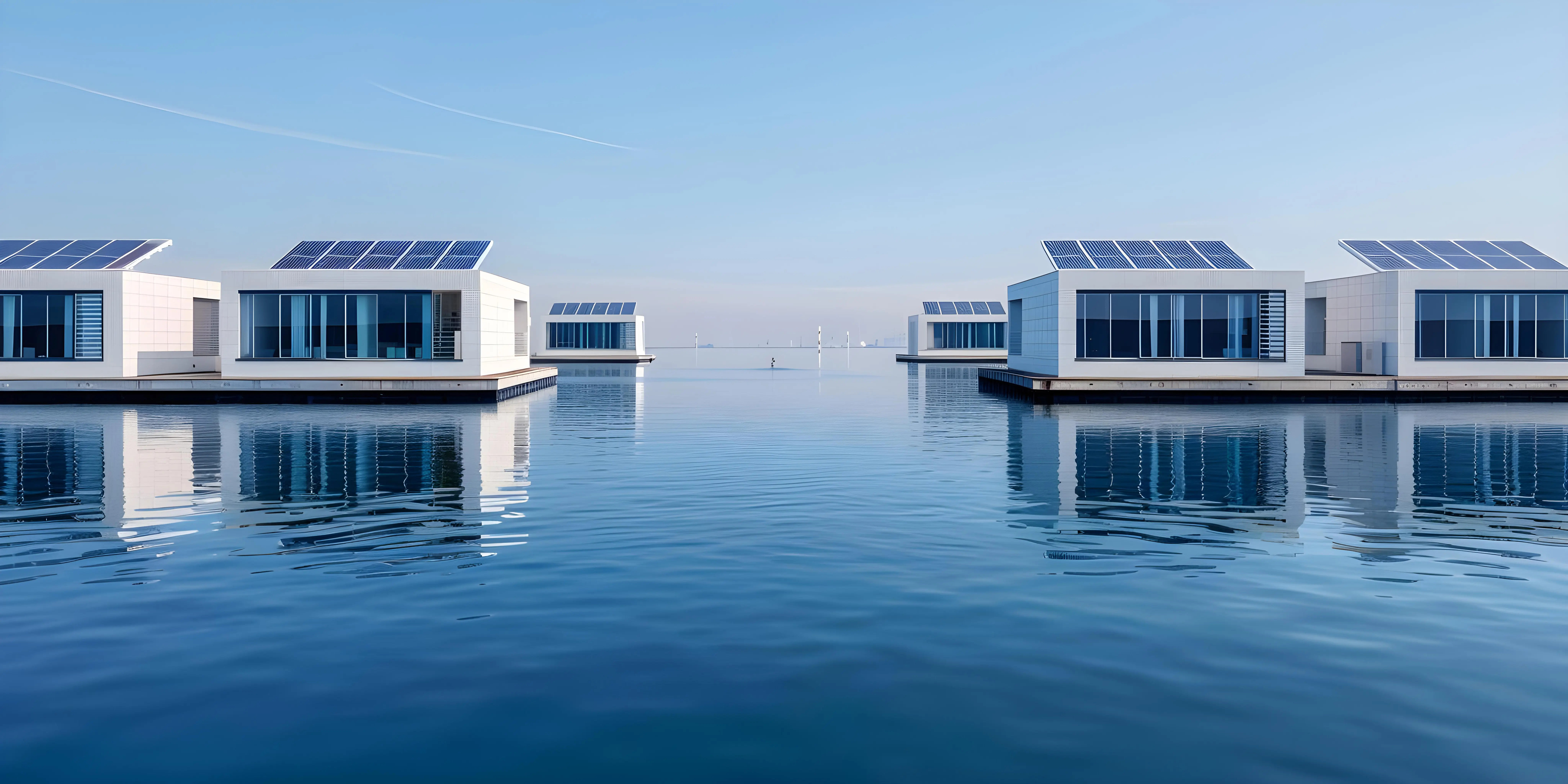 Floating homes on calm water with solar panels