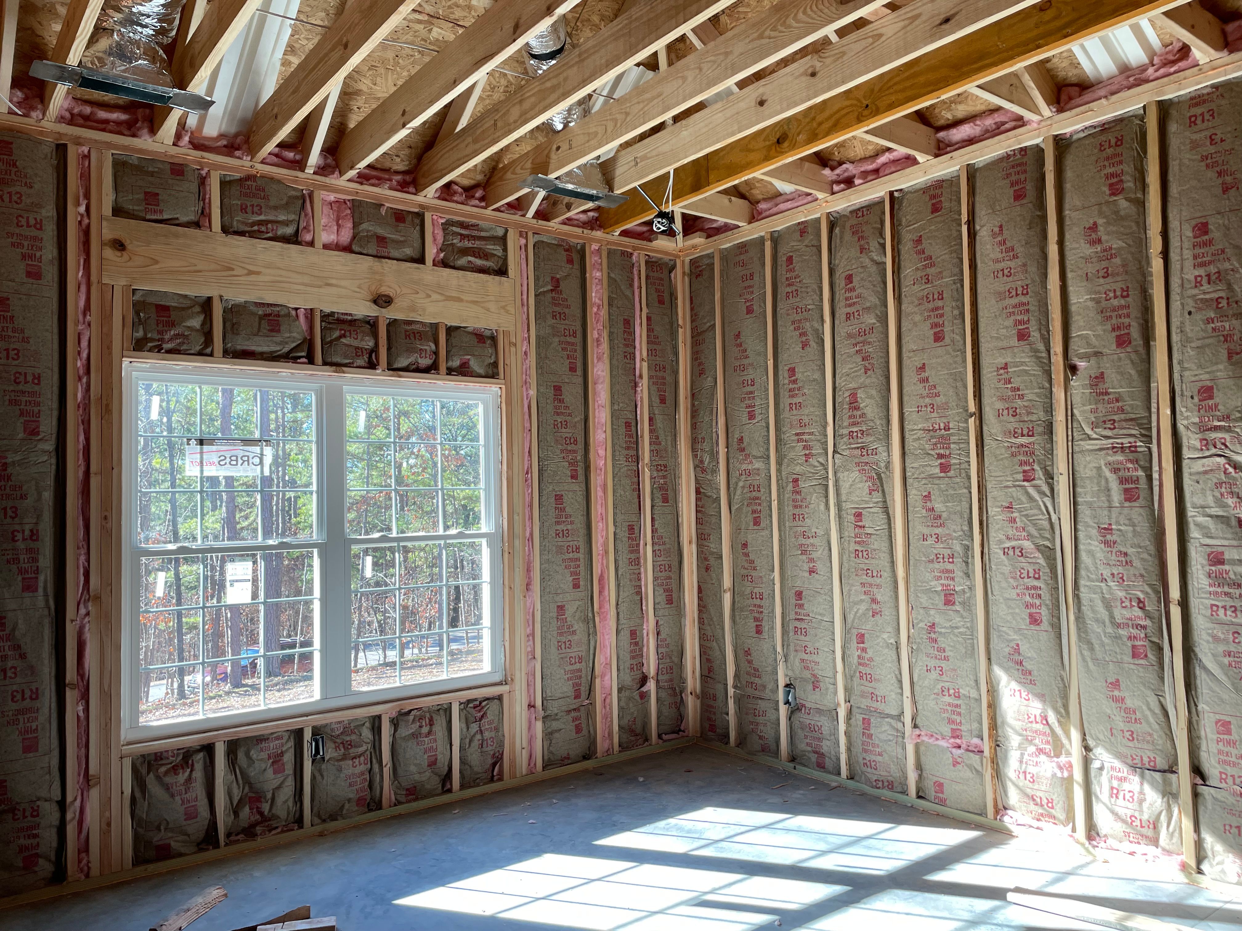 R-13 fiberglass batts installed in the exterior walls of a new home in Northwest Arkansas