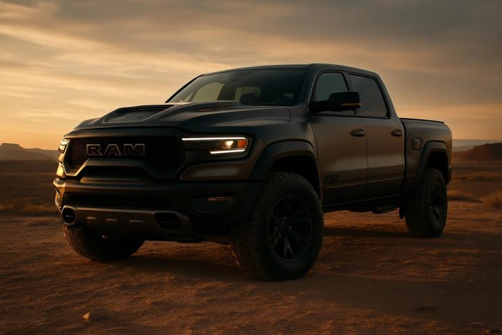 Matte-black RAM 1500 TRX at golden hour showing supercharged hood bulge