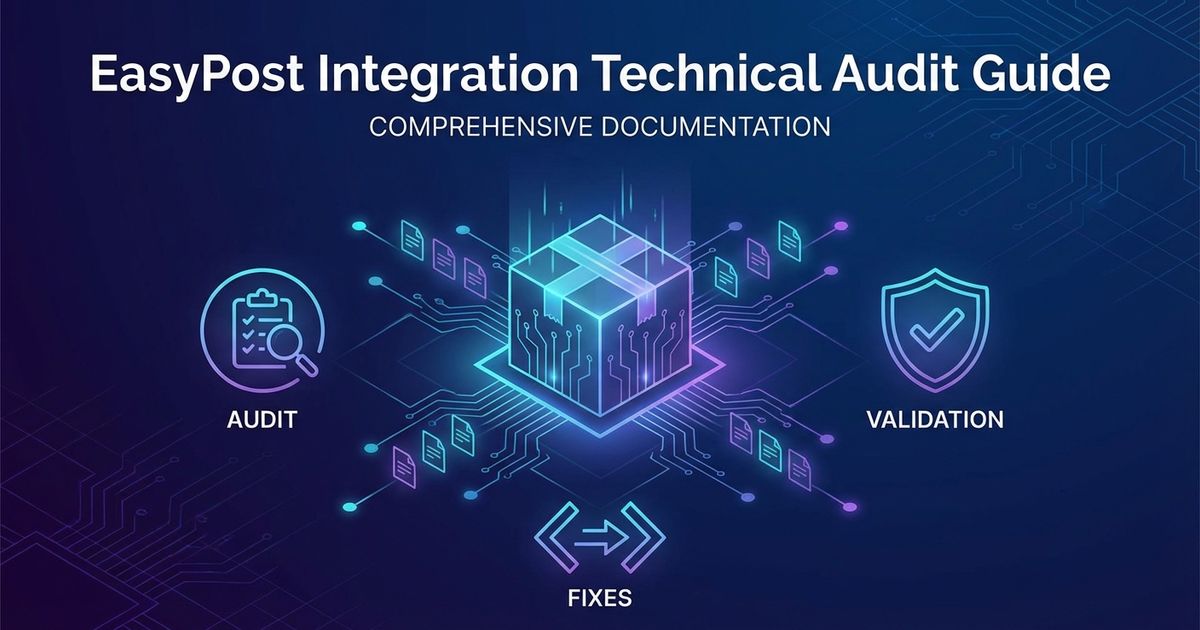 EasyPost Integration Audit - Technical documentation cover showing shipping integration workflow with code and testing elements