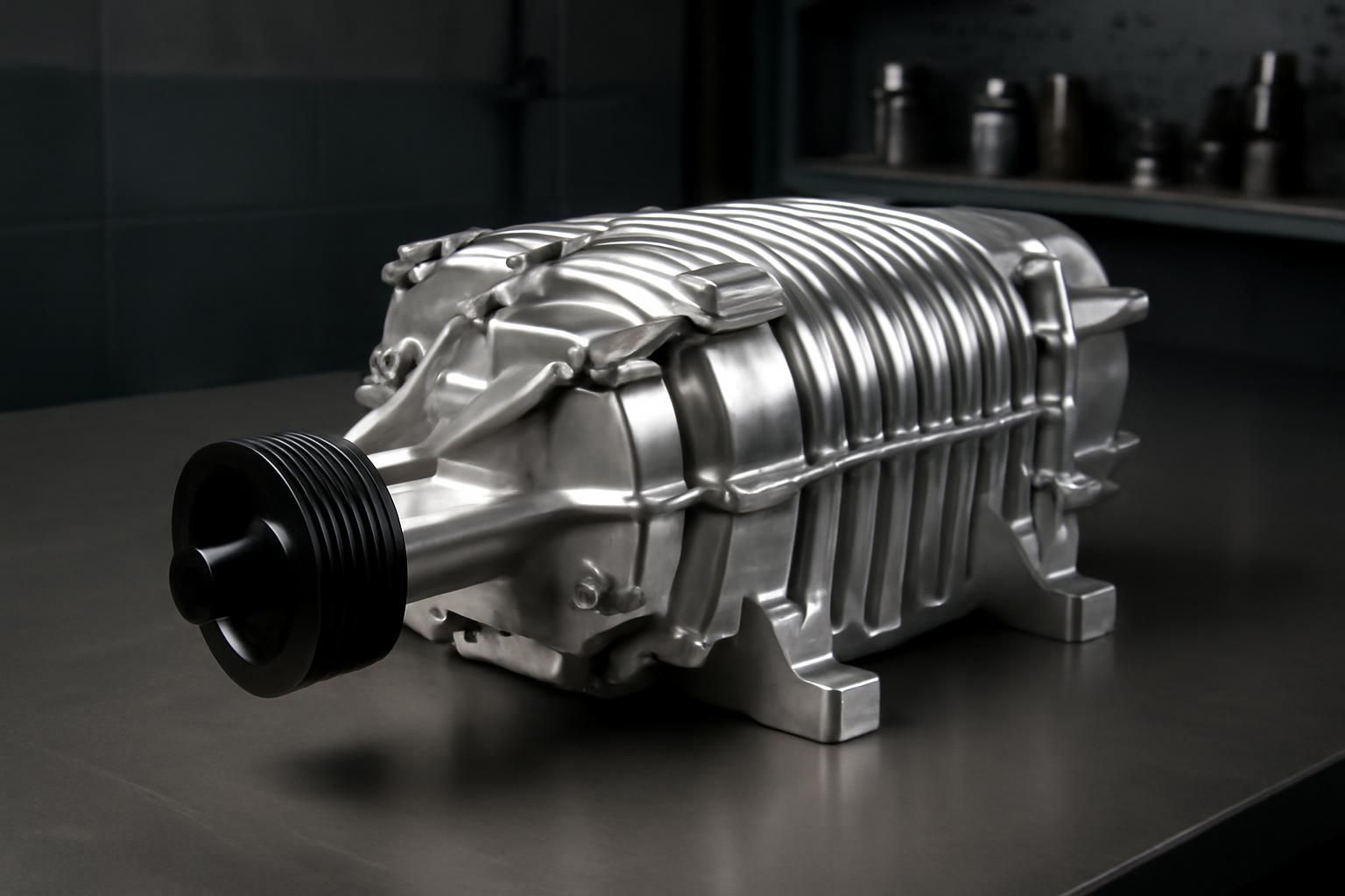 Eaton M112 supercharger on a shop workbench showing billet aluminum construction