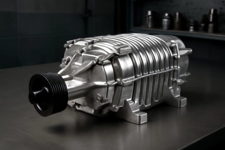 Eaton M112 supercharger on a shop workbench showing billet aluminum construction