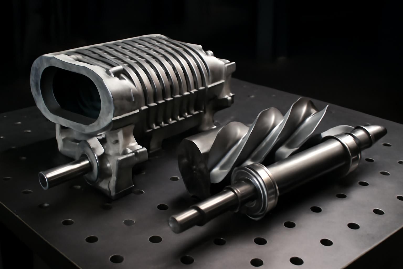 IHI 2.4L supercharger disassembled showing twin-screw rotors and bearing assembly