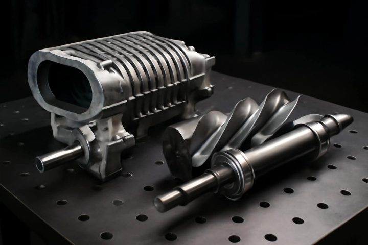 IHI 2.4L supercharger disassembled showing twin-screw rotors and bearing assembly