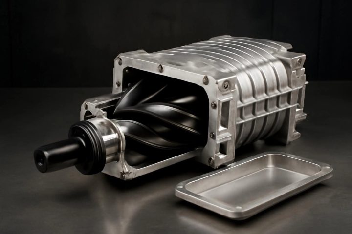 Eaton M122 supercharger disassembled on a workbench showing twin rotors and billet internals
