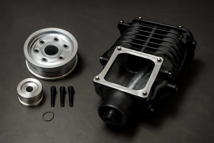 Hellcat supercharger pulley upgrade kit beside a ported supercharger snout comparison