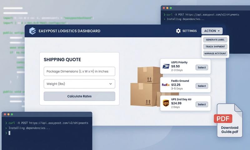 Technical illustration of shipments header with shipping quote form, EasyPost integration, and PDF generation workflow