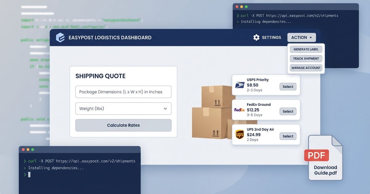 Technical illustration of shipments header with shipping quote form, EasyPost integration, and PDF generation workflow