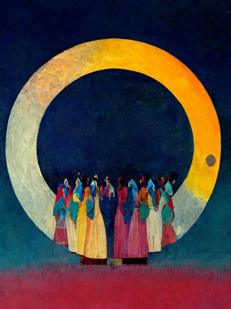 A group of figures in colorful robes stands before a large circular form that transitions from golden-yellow to silvery-white, resembling a cosmic ring or ouroboros against a gradient background of deep blue, turquoise, and burgundy.
