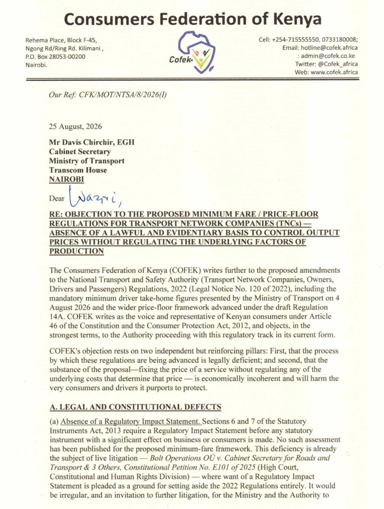 COFEK letter to CS Chirchir copied to NTSA, National Assembly and  the AG