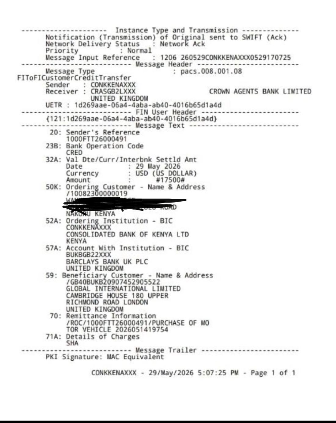 Image of the swift transfer: A Kenyan lost Sh2.3 million to a rogue UK firm that posed as selling vehicles