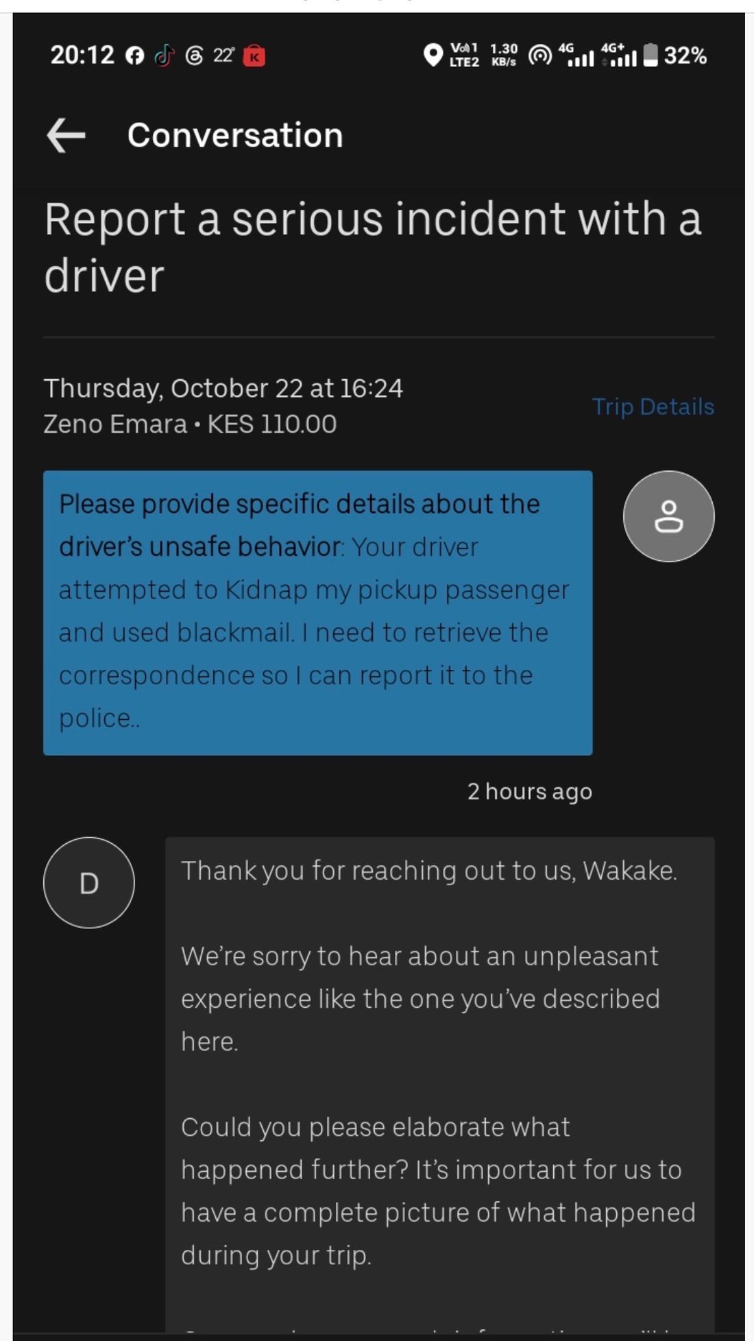 A complaint on Uber services in Kenya: Rogue drivers on the app ride-hailing passenger service have increasingly posed a heightened danger