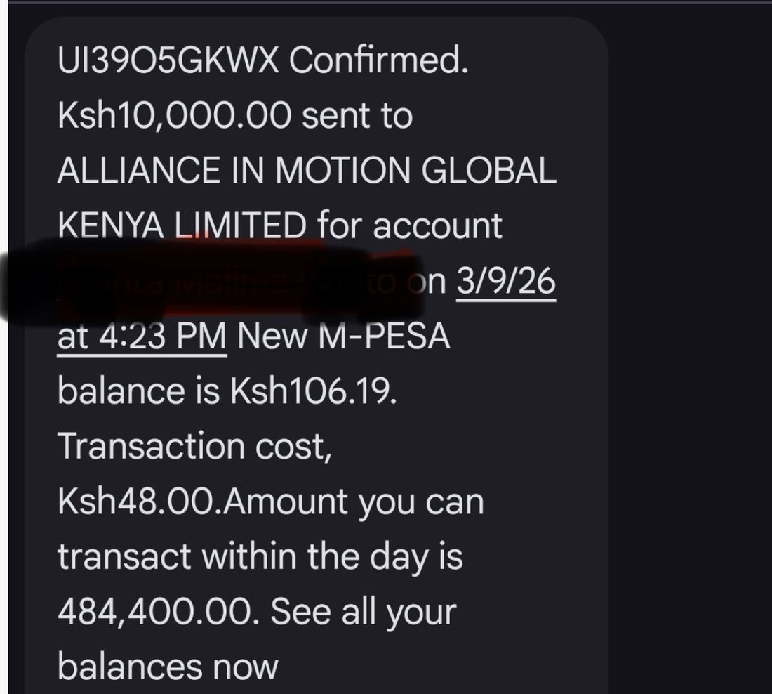 One of the M-Pesa message in which Allisnce Motion swindled an unsuspecting Kenyan investor