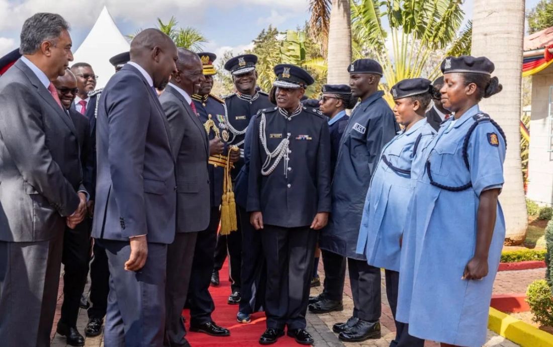 President Ruto with pregnant police officers donning the new uniform: The NPS has denied media reports that claim Nalitex Ltd, associated with the first family through proxies, won the lucrative tender
