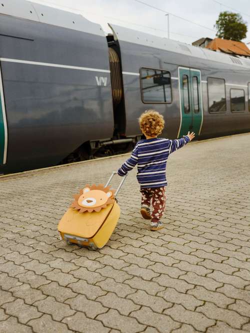 Liten gutt med koffert foran et tog