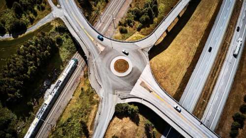 Dronefoto av tog/togskinner og veier