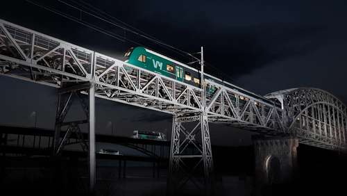 Tog og busser på bro om natten