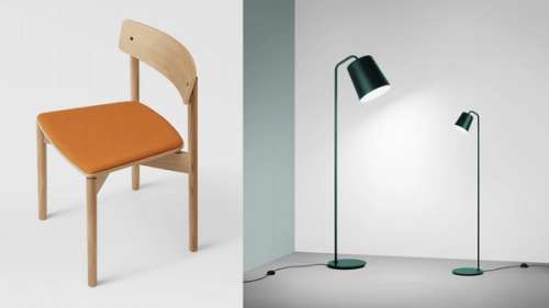 Stol med oransje sittepute og grønne lamper