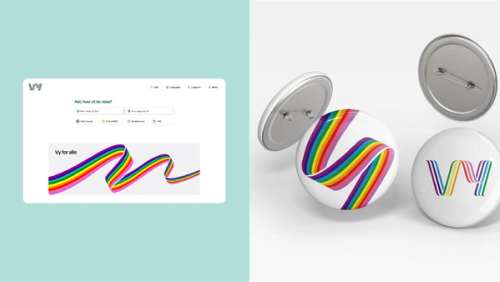 Skjermbilde av nettside og pins med Pride-versjon av båndet.