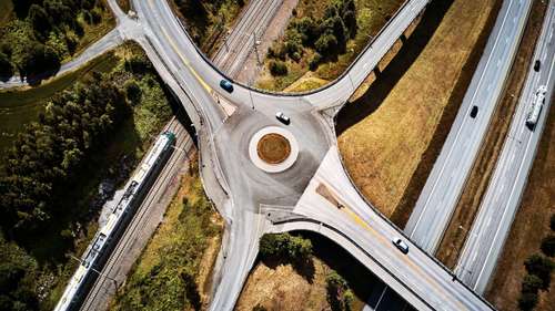 Dronefoto av tog/togskinner og veier