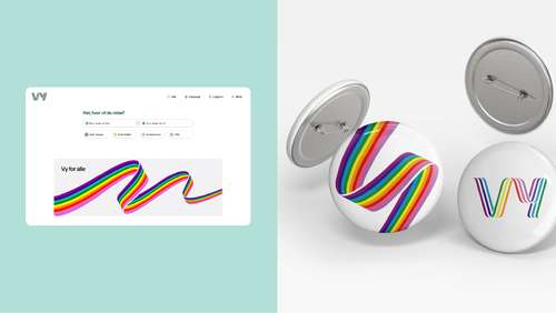 Skjermbilde av nettside og pins med Pride-versjon av båndet.