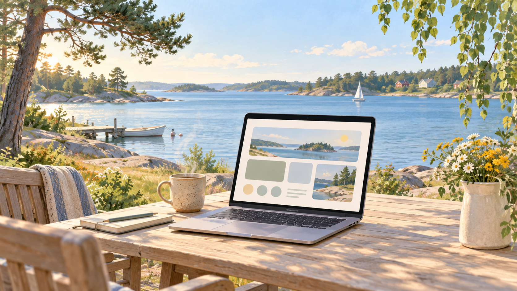 Illustration av en bärbar dator vid en lugn skärgårdsvik.