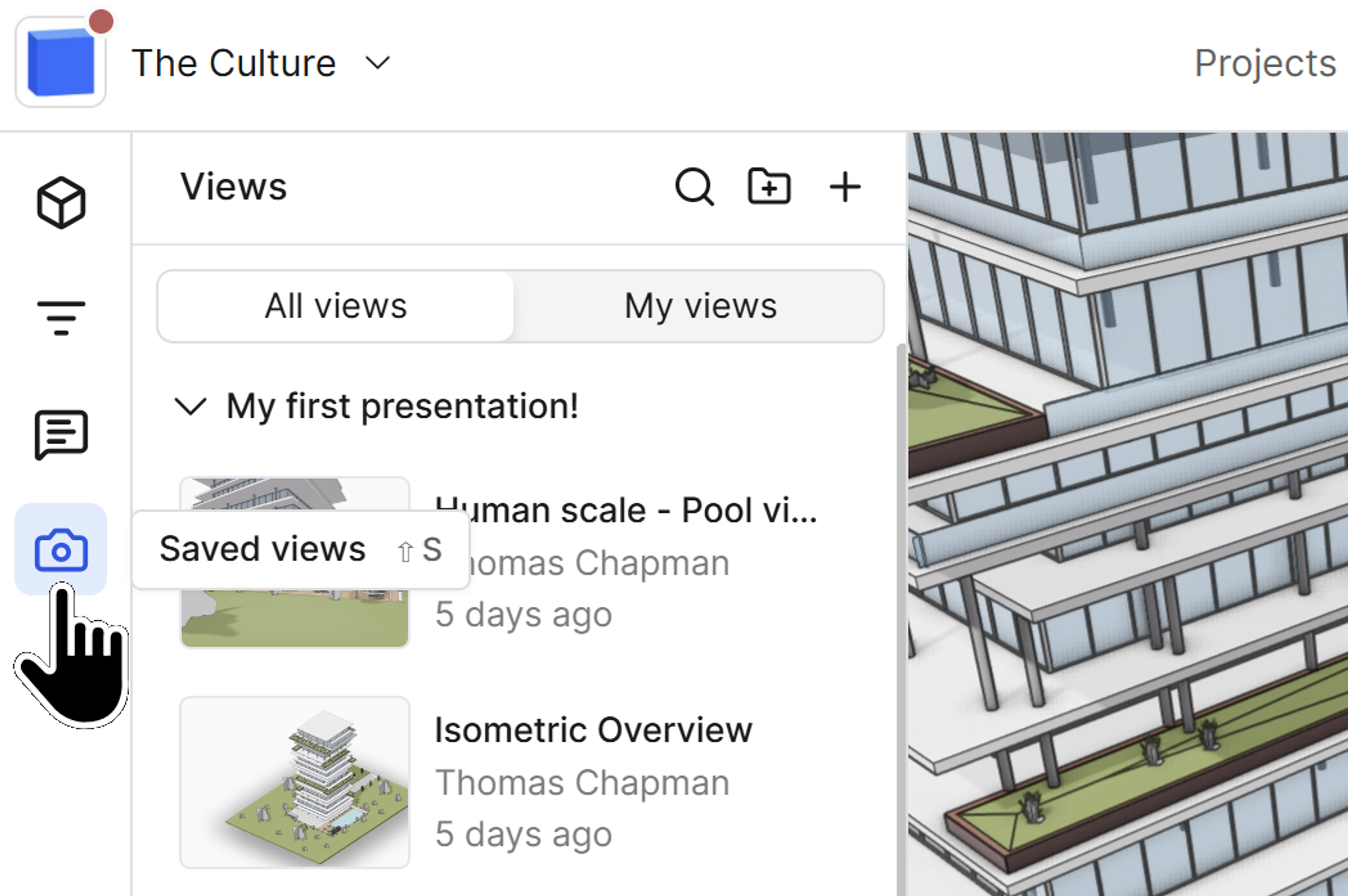 Saved views can be found on the left hand side of the web viewer