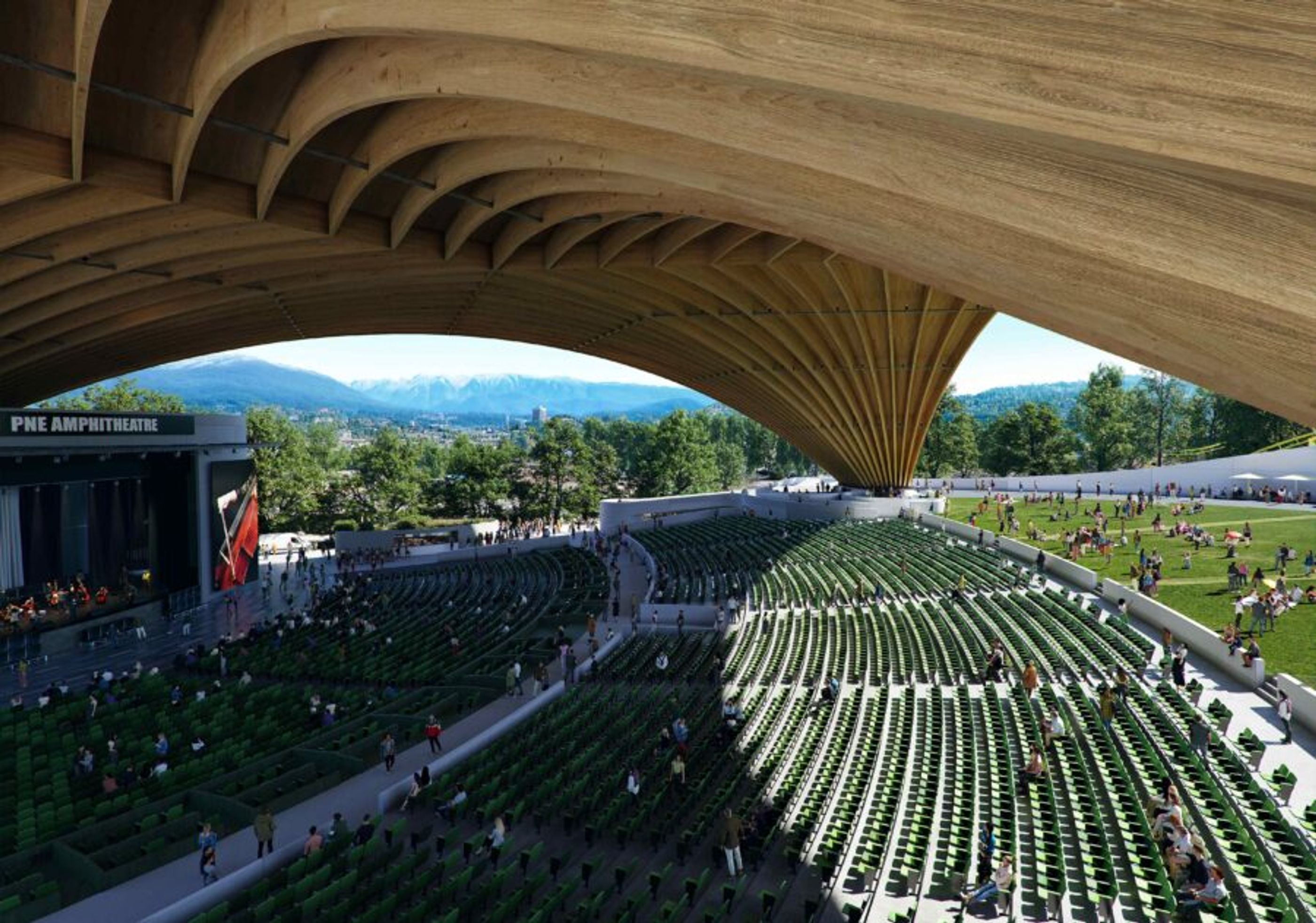 The PNE Amphitheatre in Vancouver is being renovated into a world-class venue with a permanent stage and a stunning mass timber roof, showcasing the North Shore mountains, all planned using Speckle's 3D online viewer! (image credit: MIR)