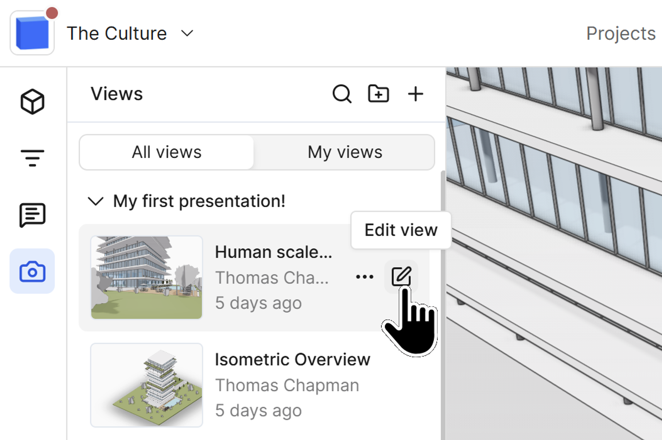Saved view properties can be edited with the edit view button