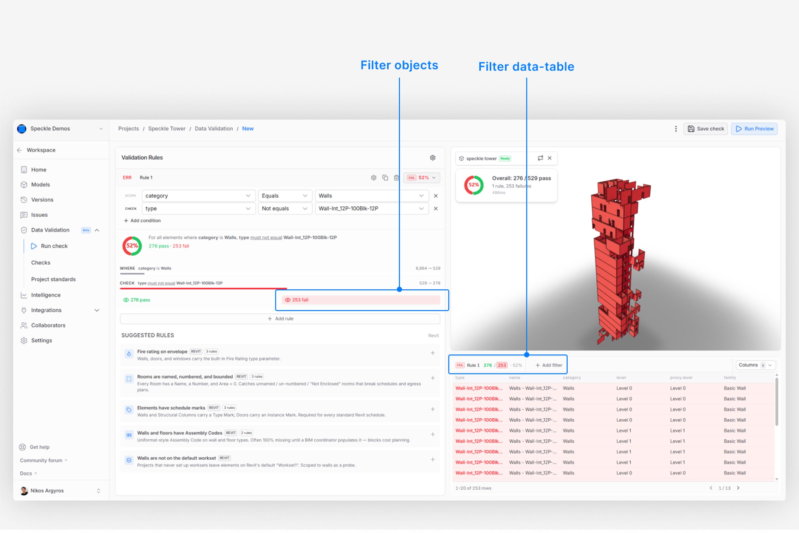 Filter validation results