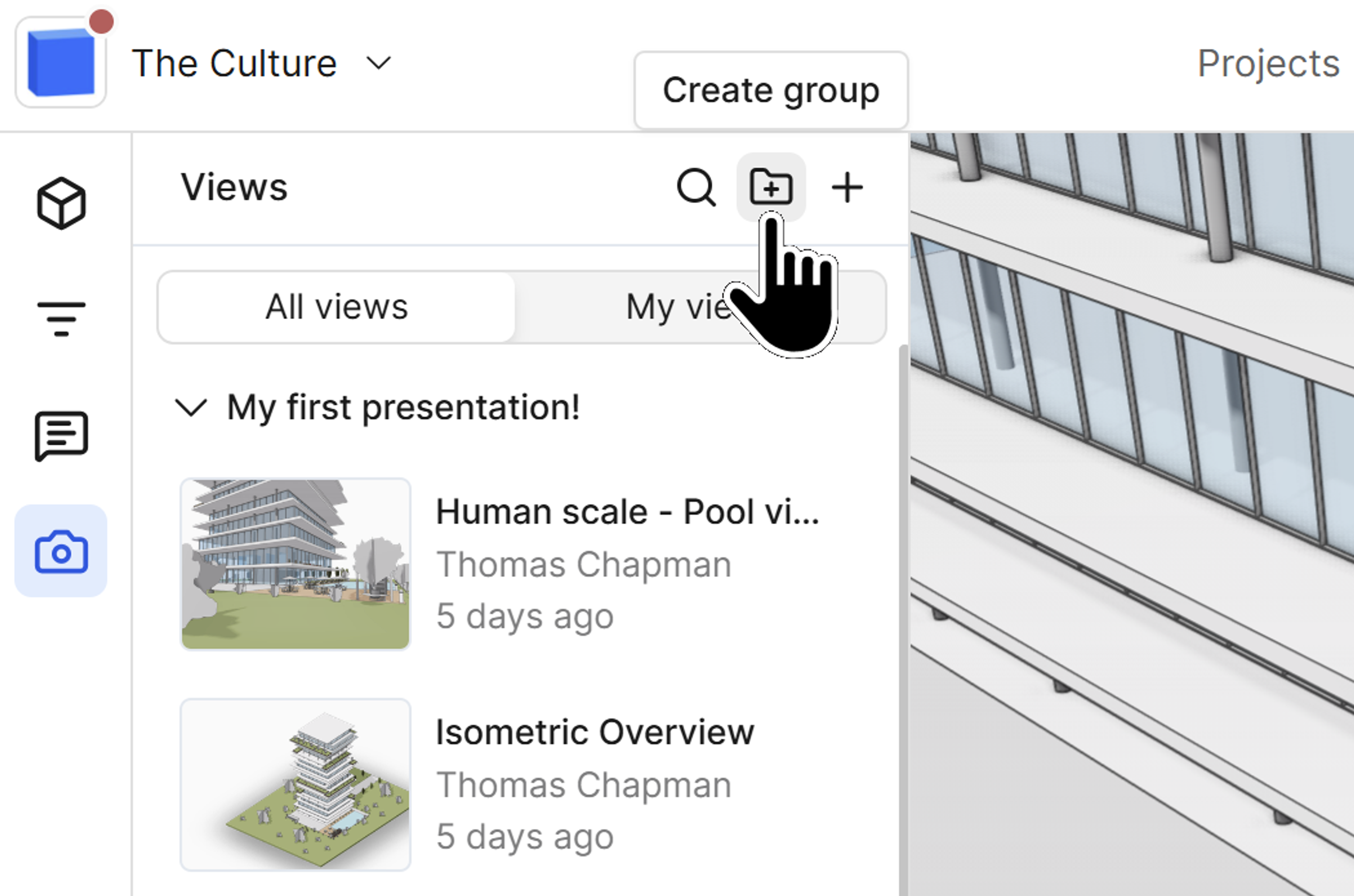 The create groups button can be found in the top right of the saved views panel