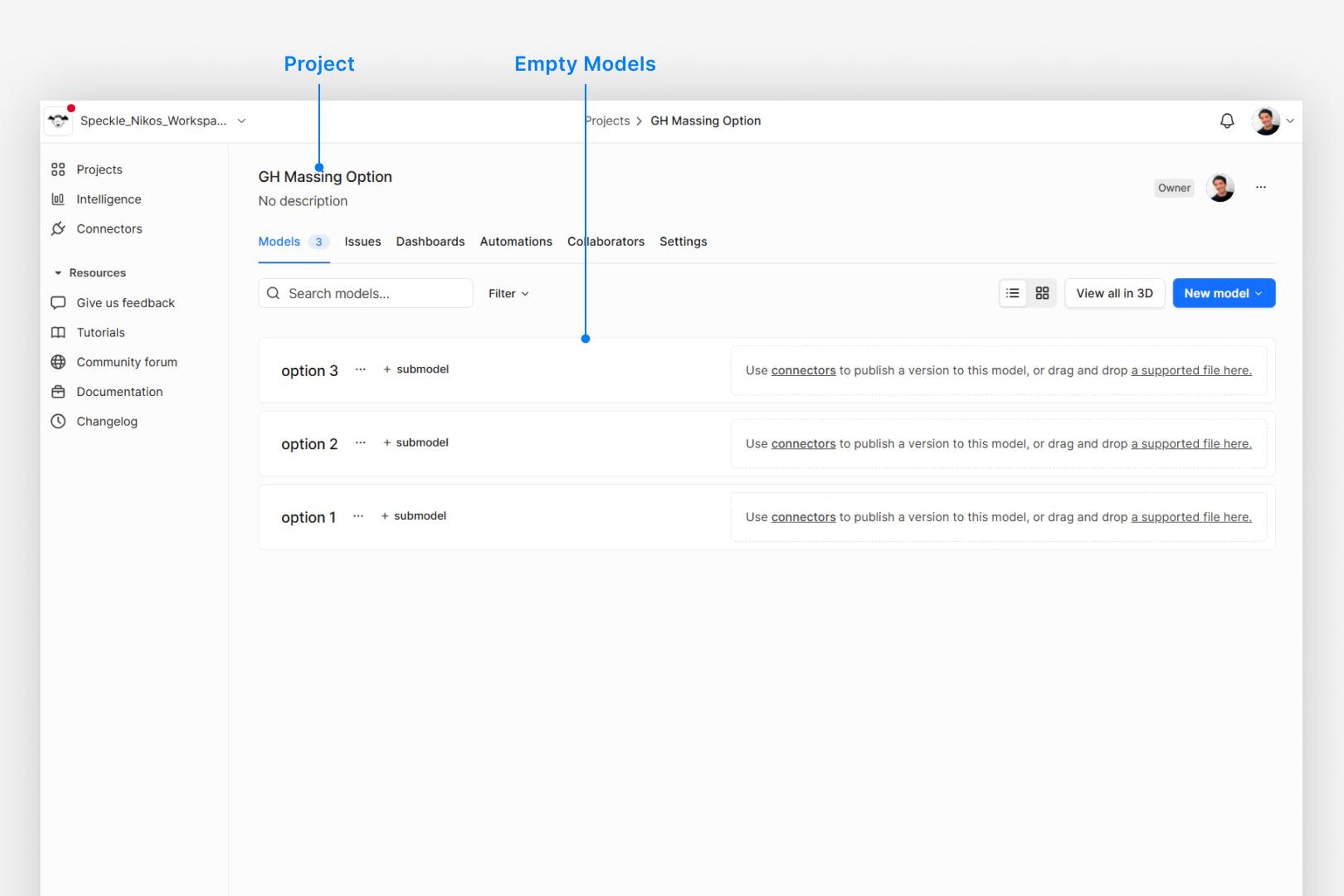 Speckl web app: Empty Models