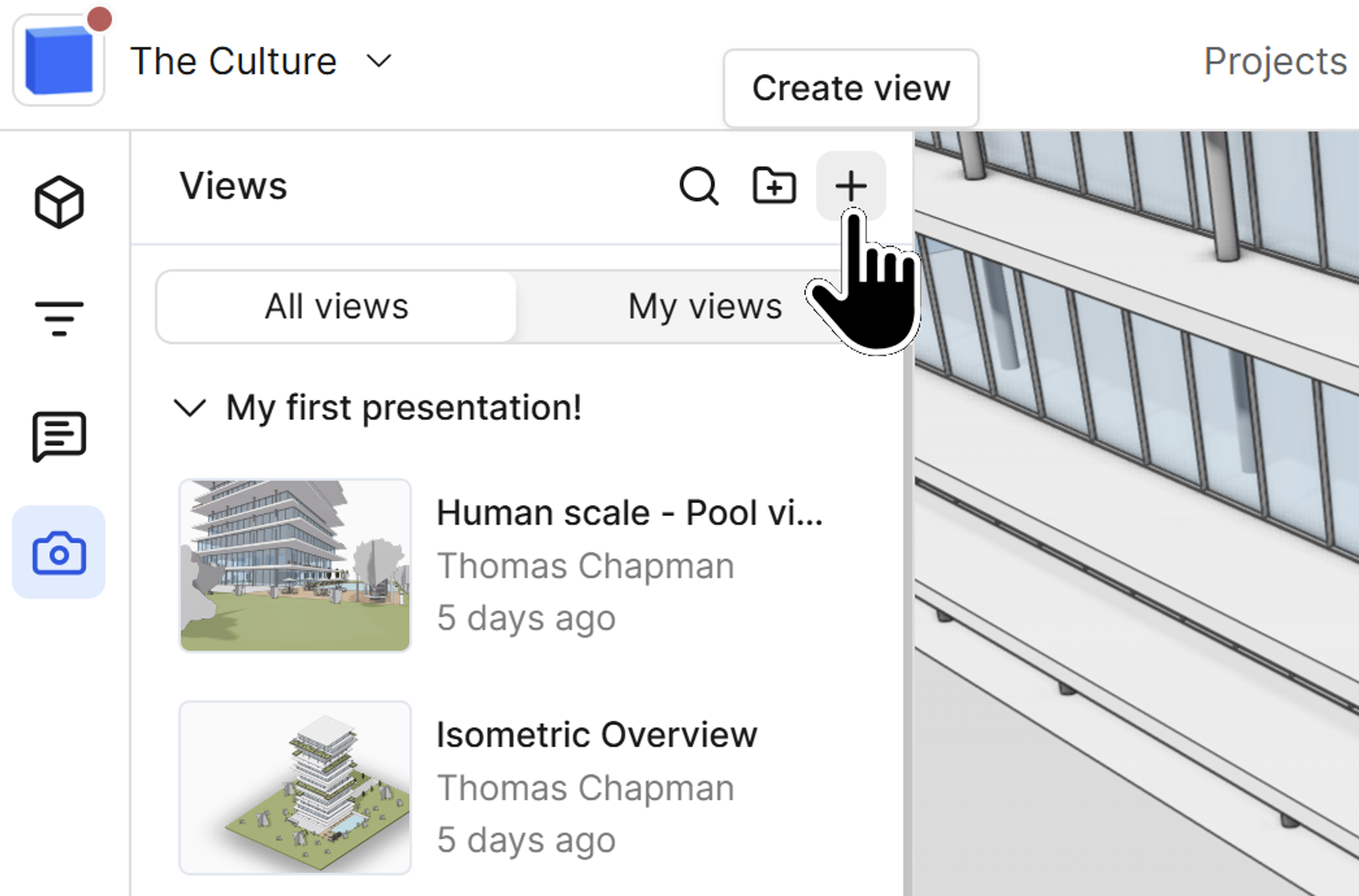 The create view button can be found in the top right of the saved view panel