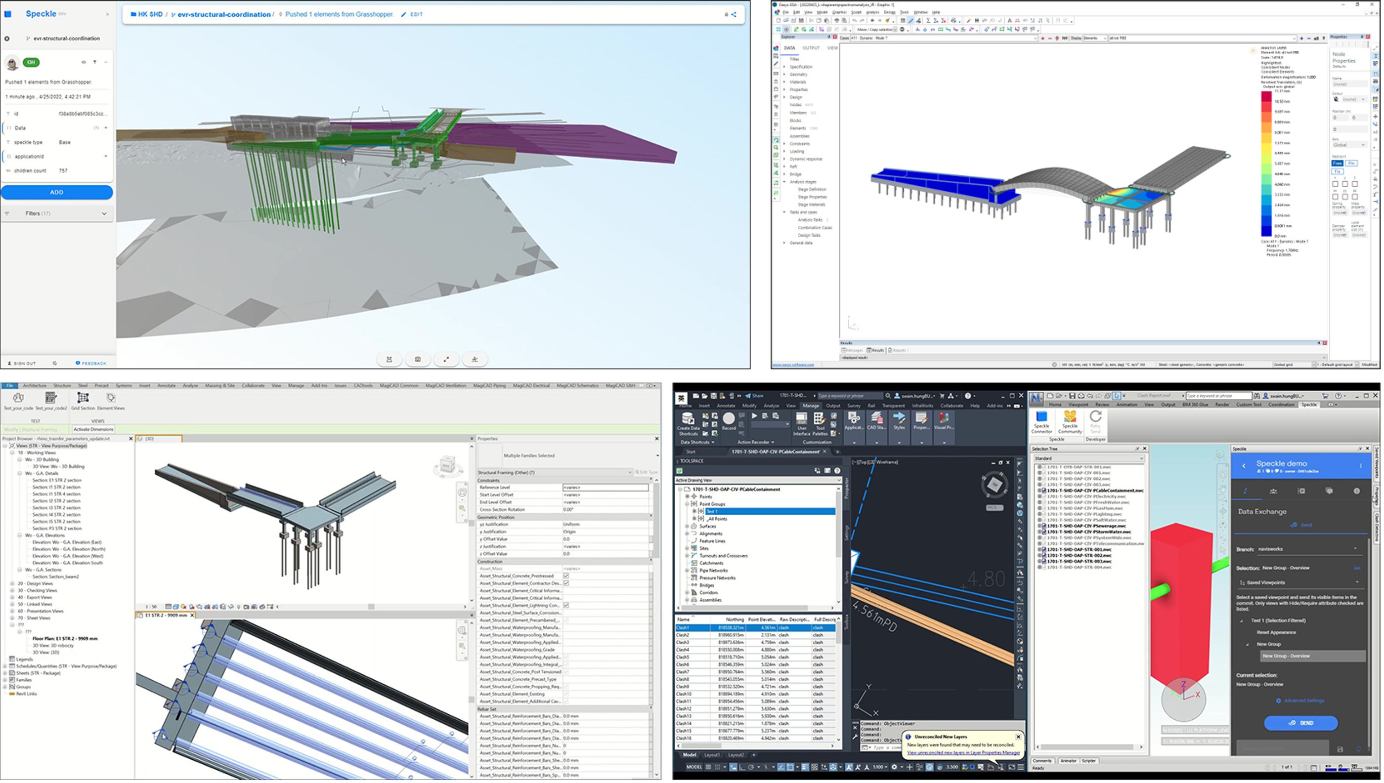  Use of Speckle as the central hub for the SHD project, showing the bridge model in the Speckle Web Viewer (top left), in Oasys GSA for structural analysis (top right), in Revit for detailed BIM modeling (lower left), and in Navisworks and Civil 3D for coordination and clash detection (lower right).